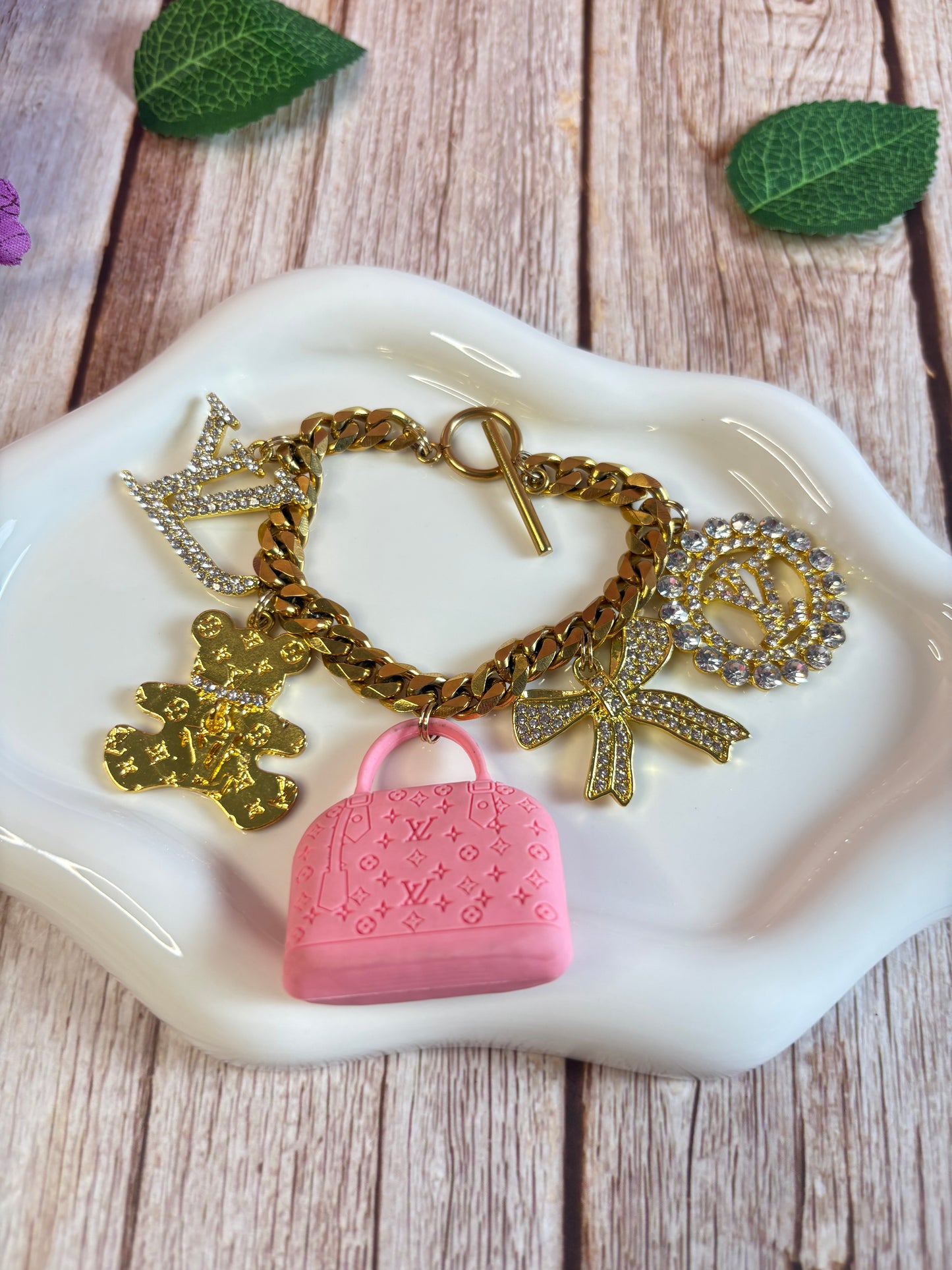 18KT Gold Plated Pink Girly Bears Charm Cuban Bracelet