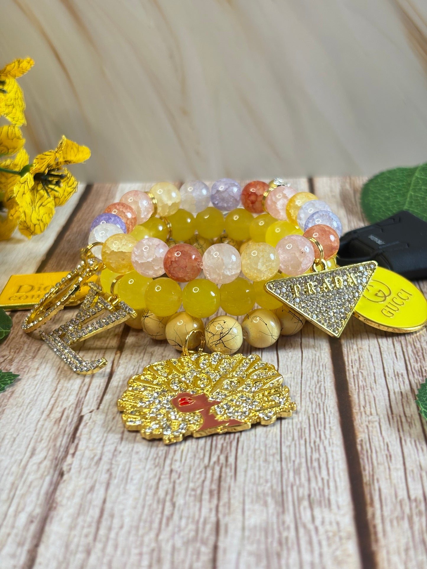 Golden Queen, 3-Piece Charm Bead Bracelet Set