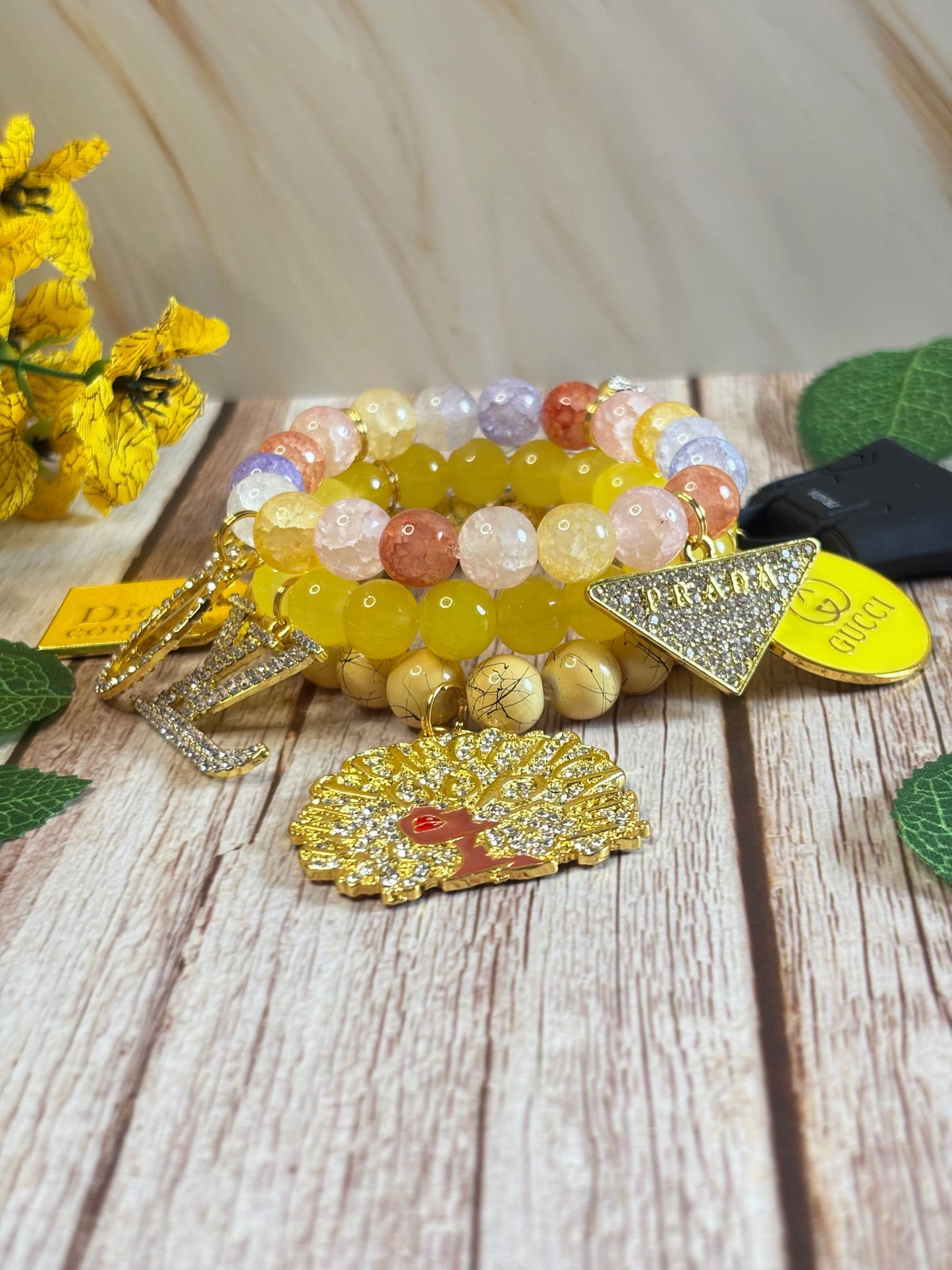 Golden Queen, 3-Piece Charm Bead Bracelet Set