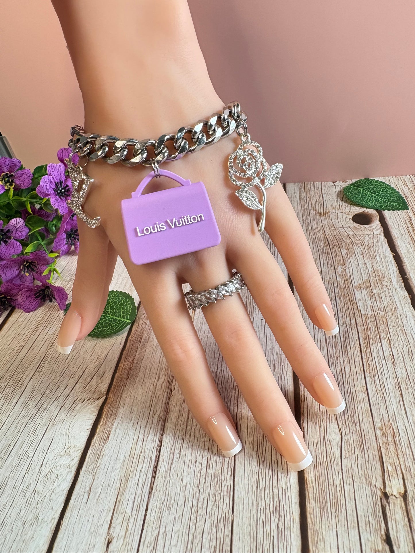Sweet Rose Charm Cuban Bracelet, Purple