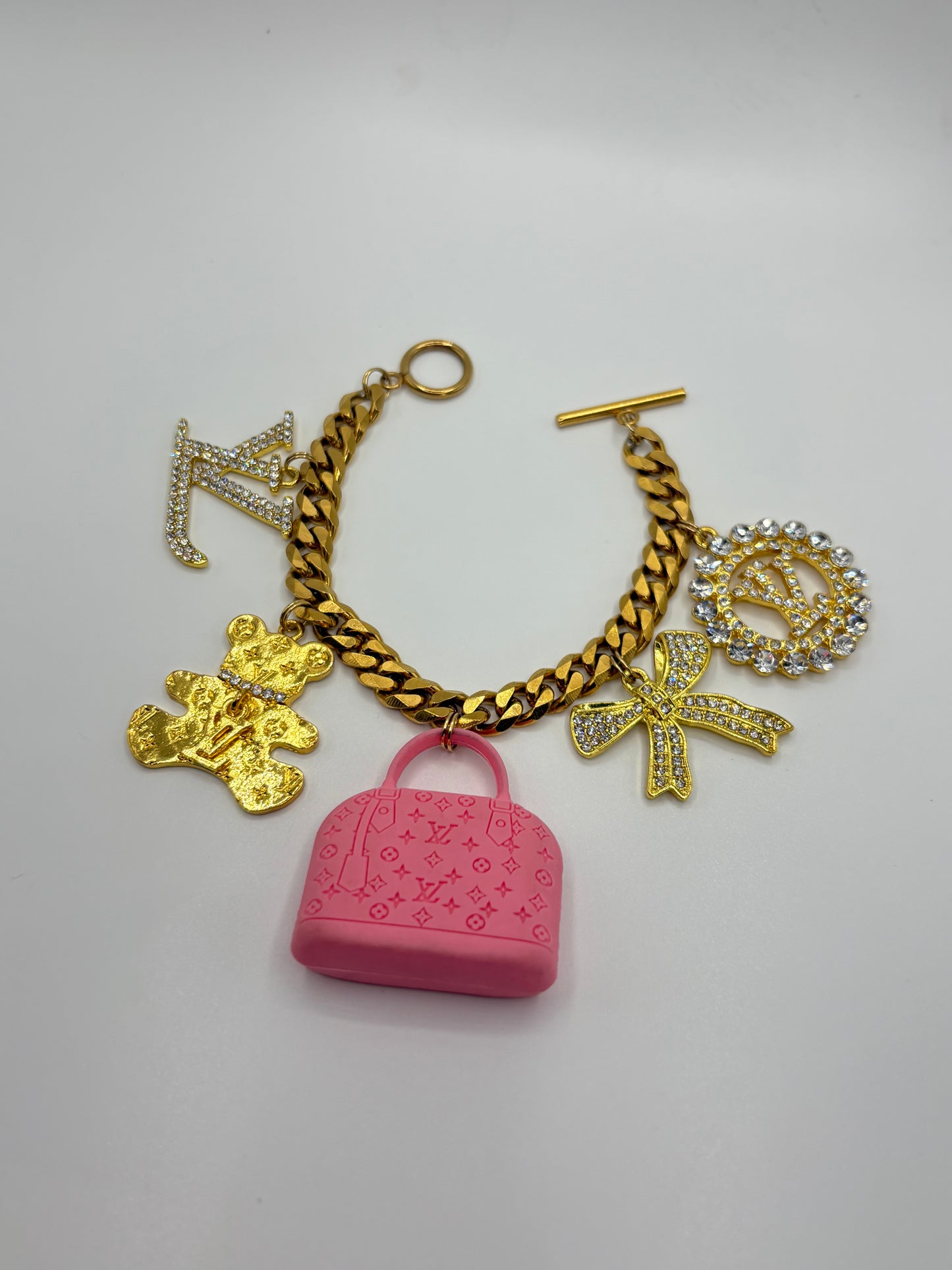 18KT Gold Plated Pink Girly Bears Charm Cuban Bracelet